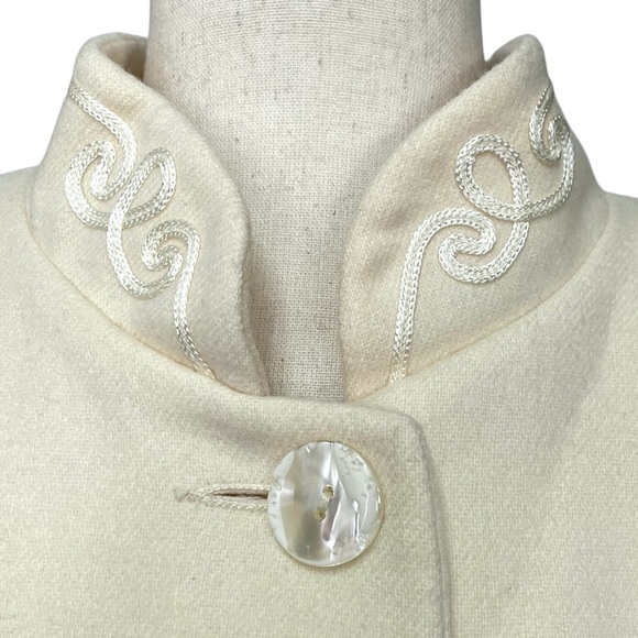 Alorna Vintage 90s Soutache Trim Button Front Ivory Wool Swing Coat - Picture 3 of 10